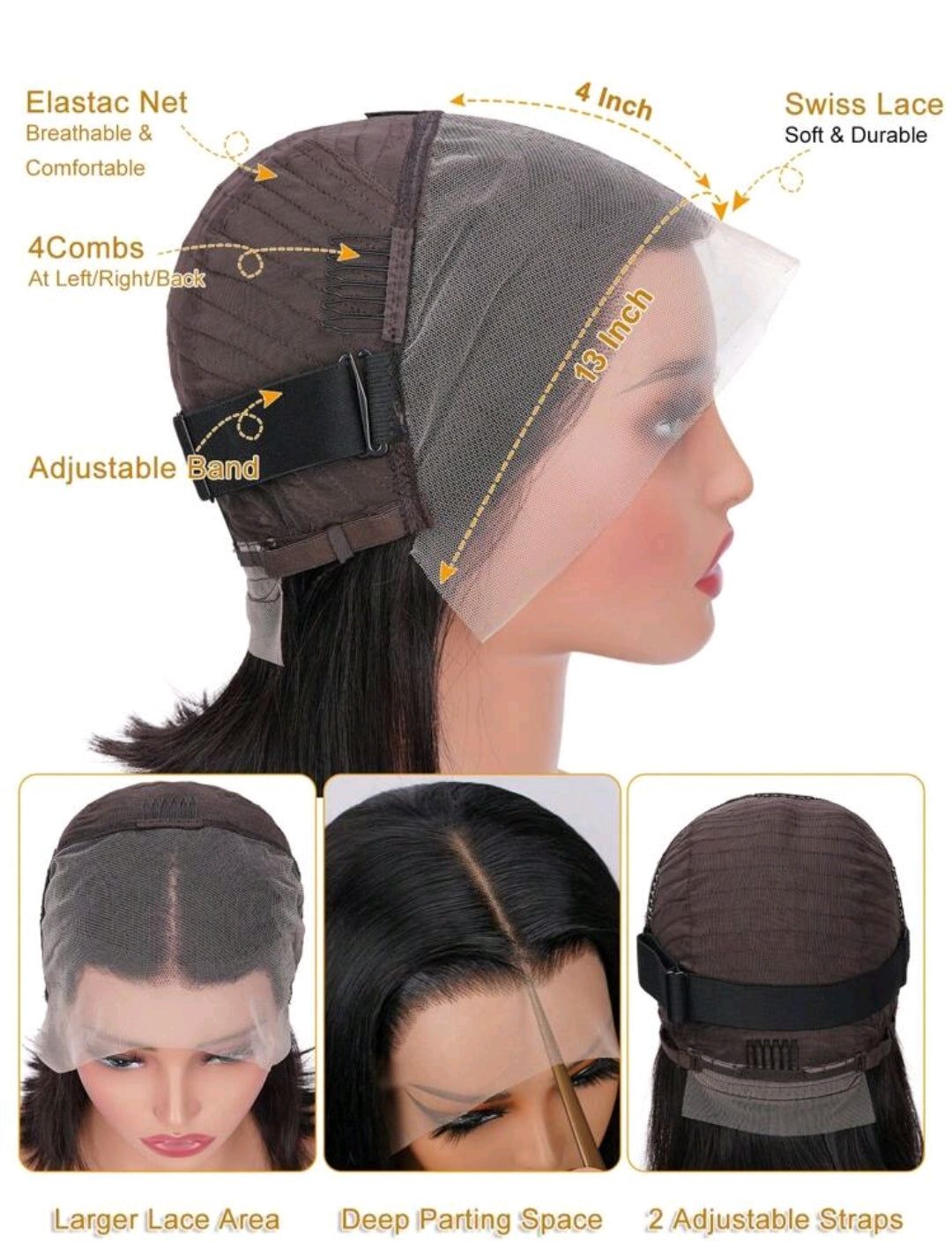 Perruque de style bob en cheveux humains, densité de 180 %, avec une base de lace frontale transparente de 13x4.