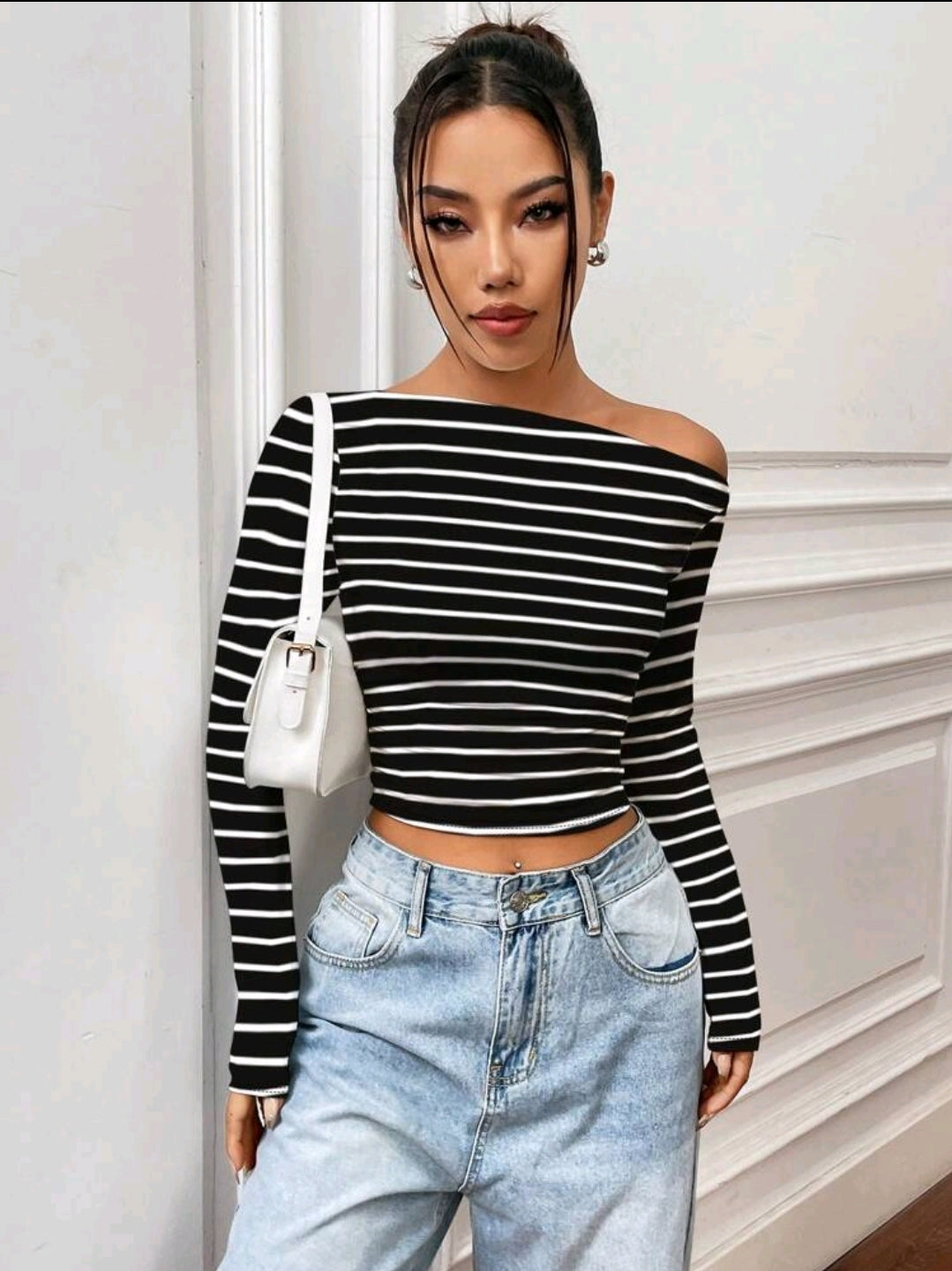 Flirla T-shirt À Manches Longues Slim Plissé Encolure Asymétrique Couleur Unie, Adapté Pour Les Loisirs De Printemps