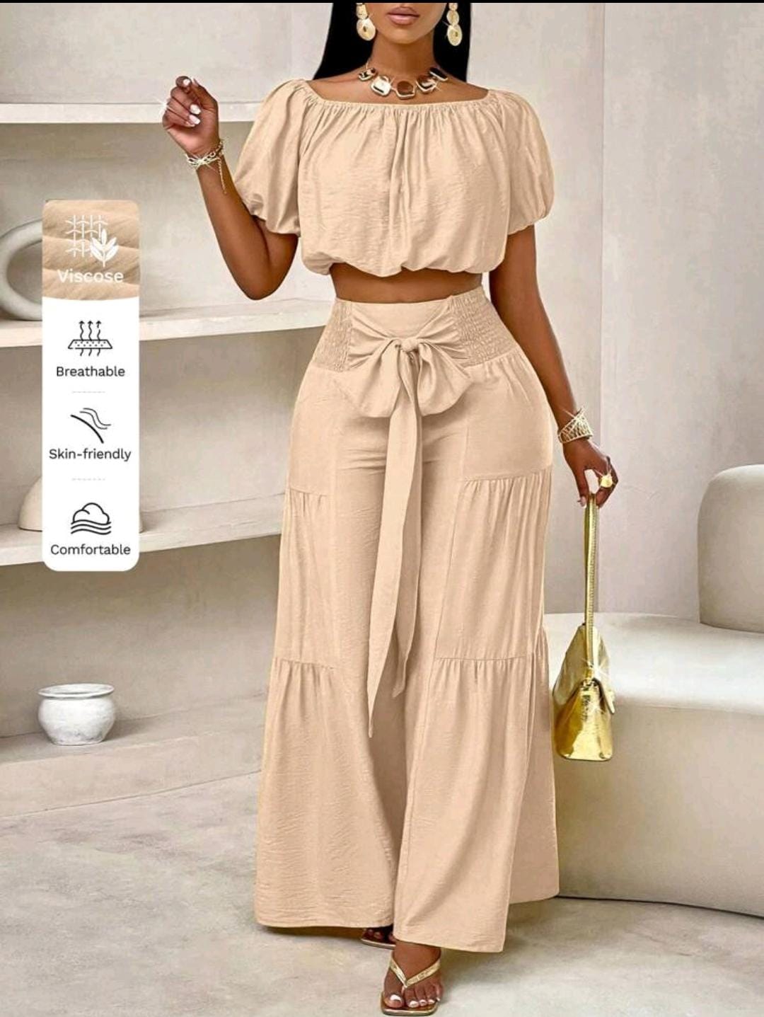 Ensemble de débardeur court à volants sans bretelles à manches bouffantes et pantalon large pour le style vacances d'été à la plage