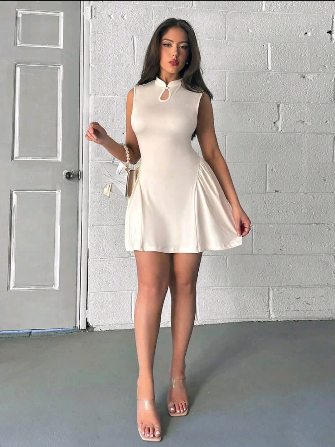 Firerie Robe élégante et simple à col chinois évvidé sans manches plissée avec une coupe évasée. Convient pour le port quotidien, les vacances, couleur abricot