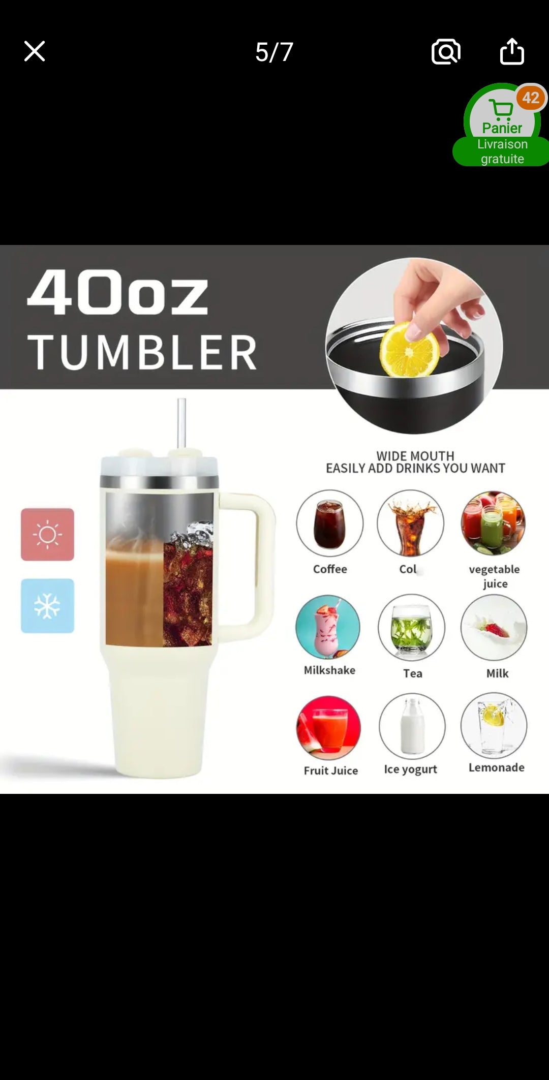 1pc Watersy 40oz Gobelet Isolé en Acier Inoxydable avec Poignée, Paille et Couvercle