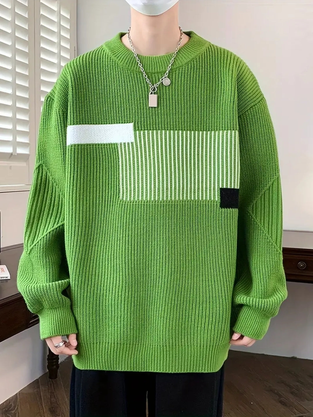 Pull Tricoté à Rayures et Blocs de Couleur pour Homme, Pull Décontracté