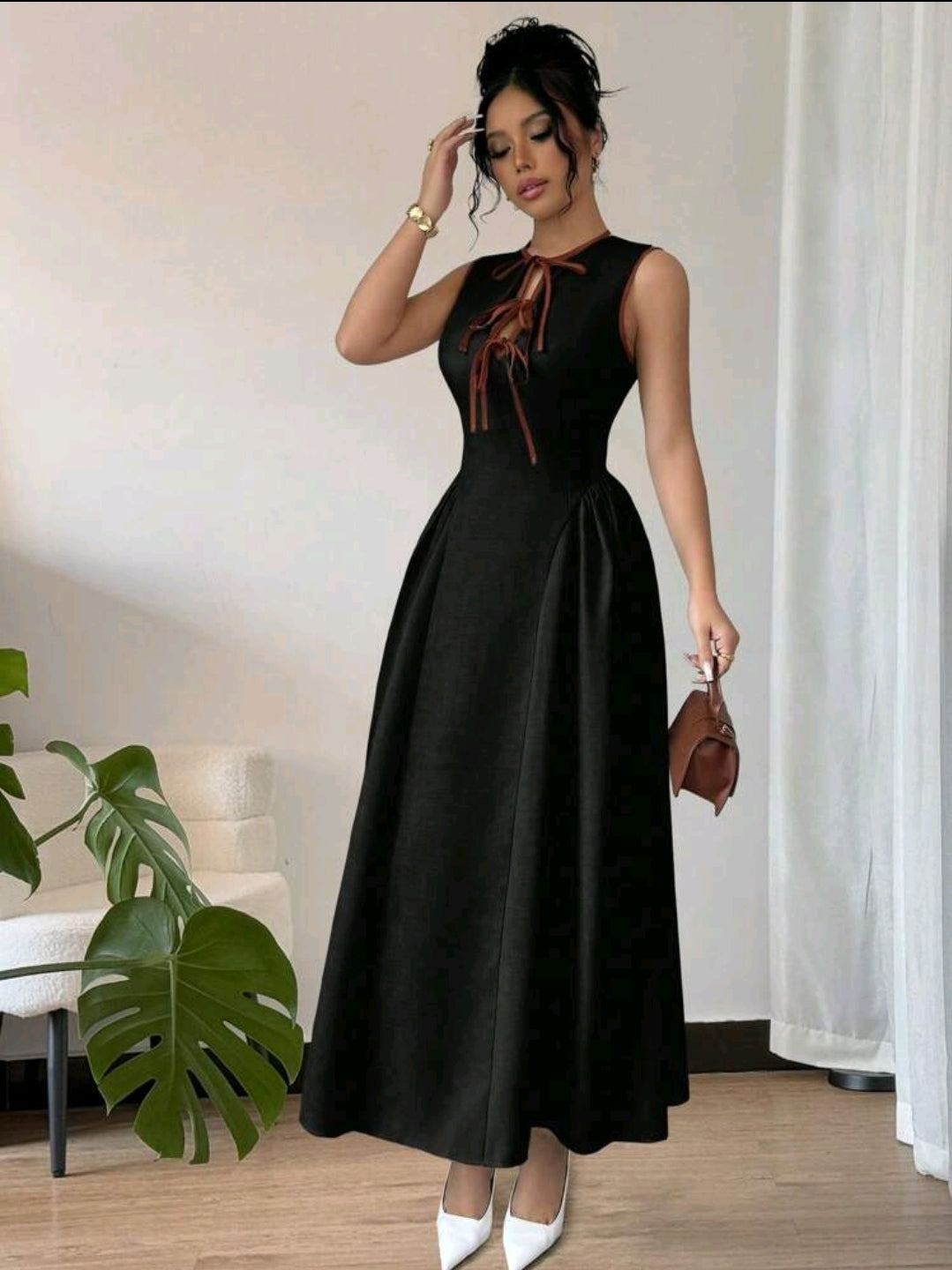 Elenzga Robe femme la plus récente, avec col ajouré, design de cravate bicolore, ourlet côté taille froncé, tissu texturé, fermeture à glissière dans le dos