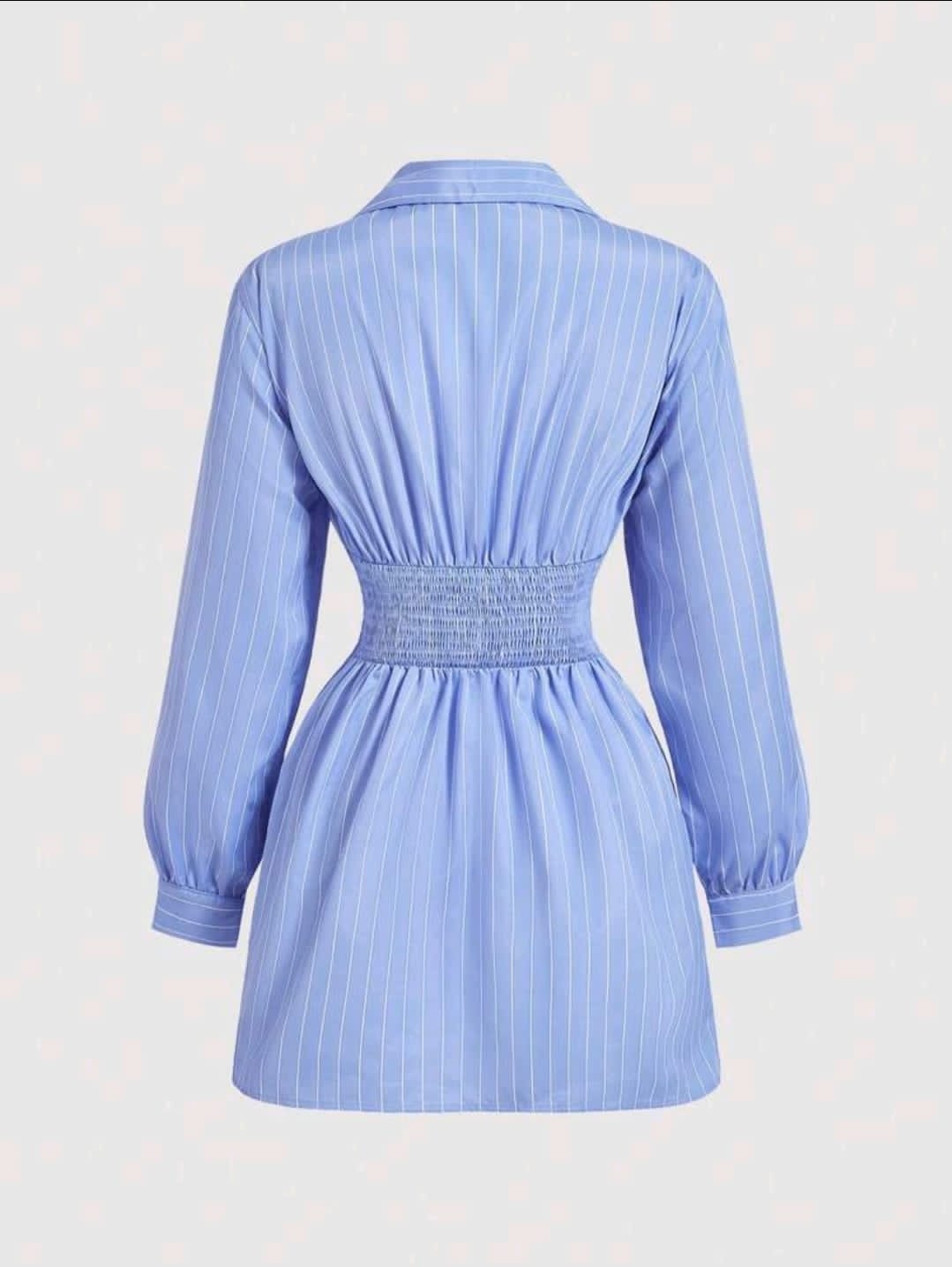 SHEIN MOD Robe femme à manches longues avec volants, imprimé rayures bleues et blanches, croisé sur le devant.