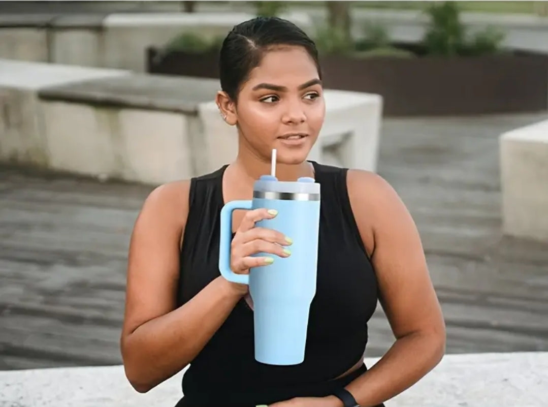 1pc Watersy 40oz Gobelet Isolé en Acier Inoxydable avec Poignée, Paille et Couvercle
