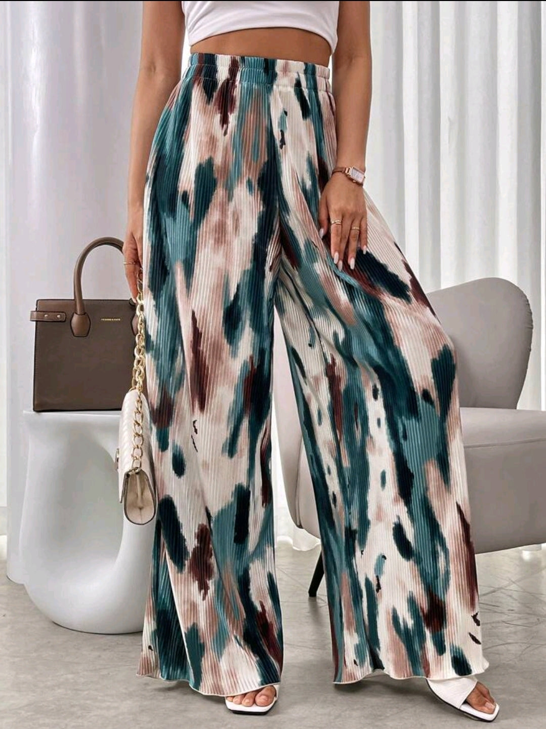 Franclia Pantalon décontracté plissé imprimé géométrique à taille élastique pour femme