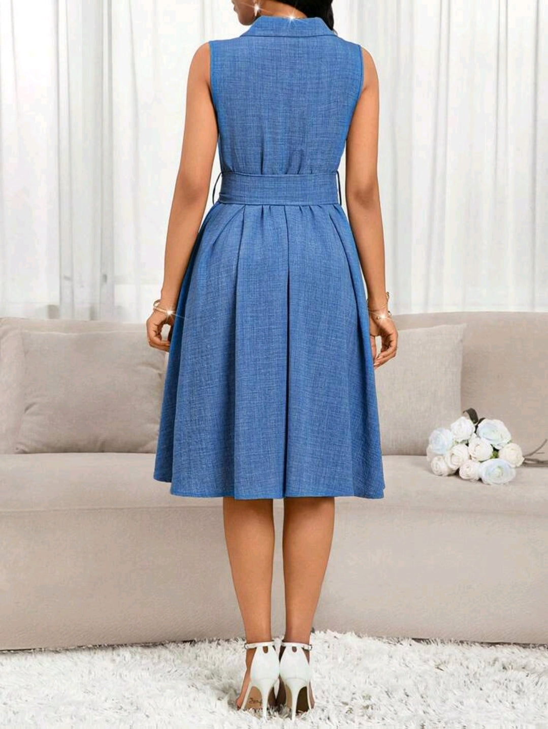 Robe midi élégante sans manches pour femme, mi-mollet, convenant pour le déplacement au travail