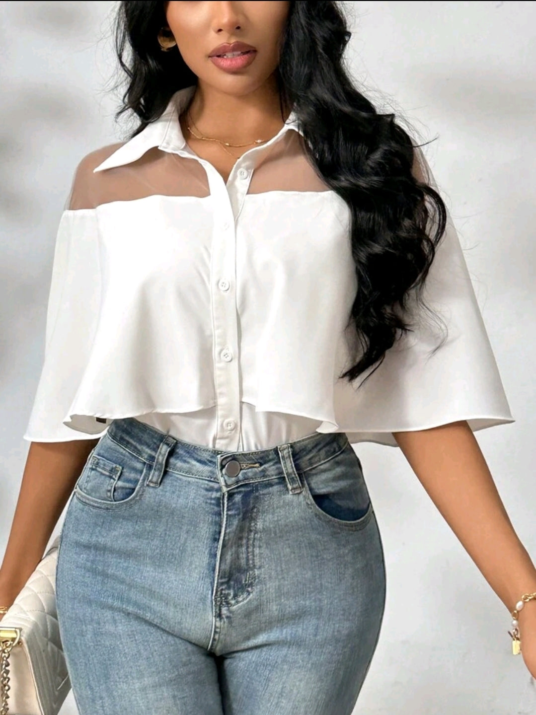 Privéa Chemisier pour femme à demi-transparence épaules dénudées avec manches à volants