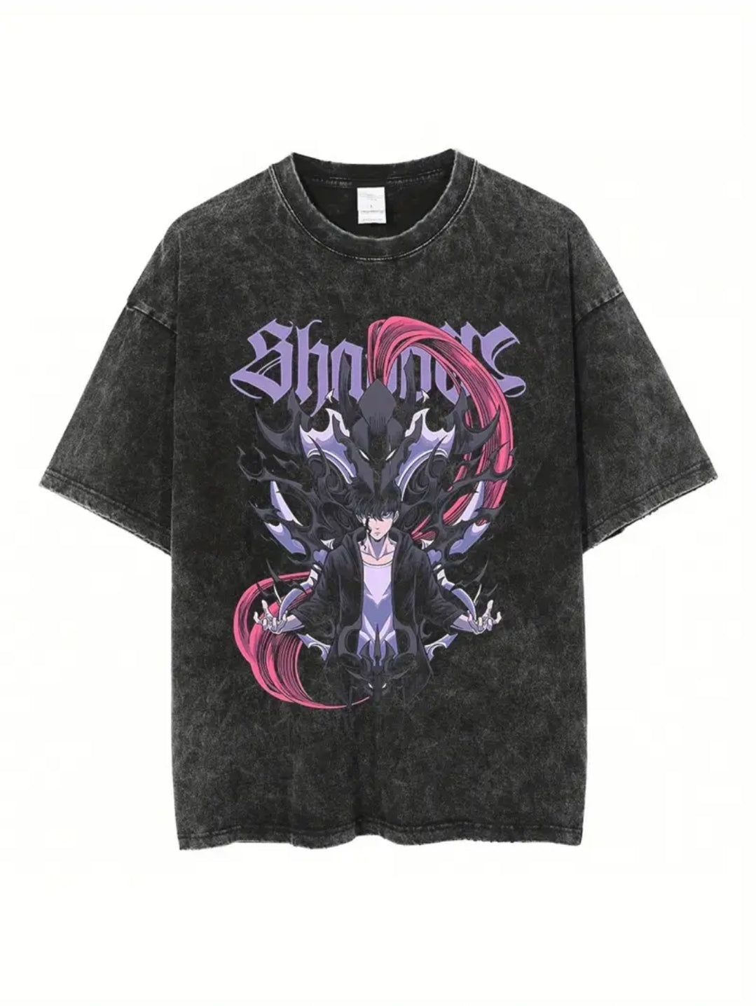 T-shirt graphique "Shaun" d'inspiration anime pour hommes de grande taille - Coton lavé noir
