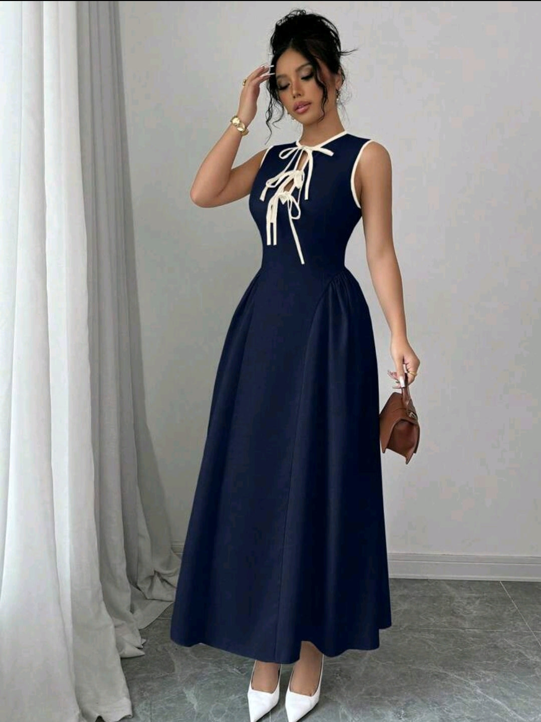 Elenzga Robe femme la plus récente, avec col ajouré, design de cravate bicolore, ourlet côté taille froncé, tissu texturé, fermeture à glissière dans le dos