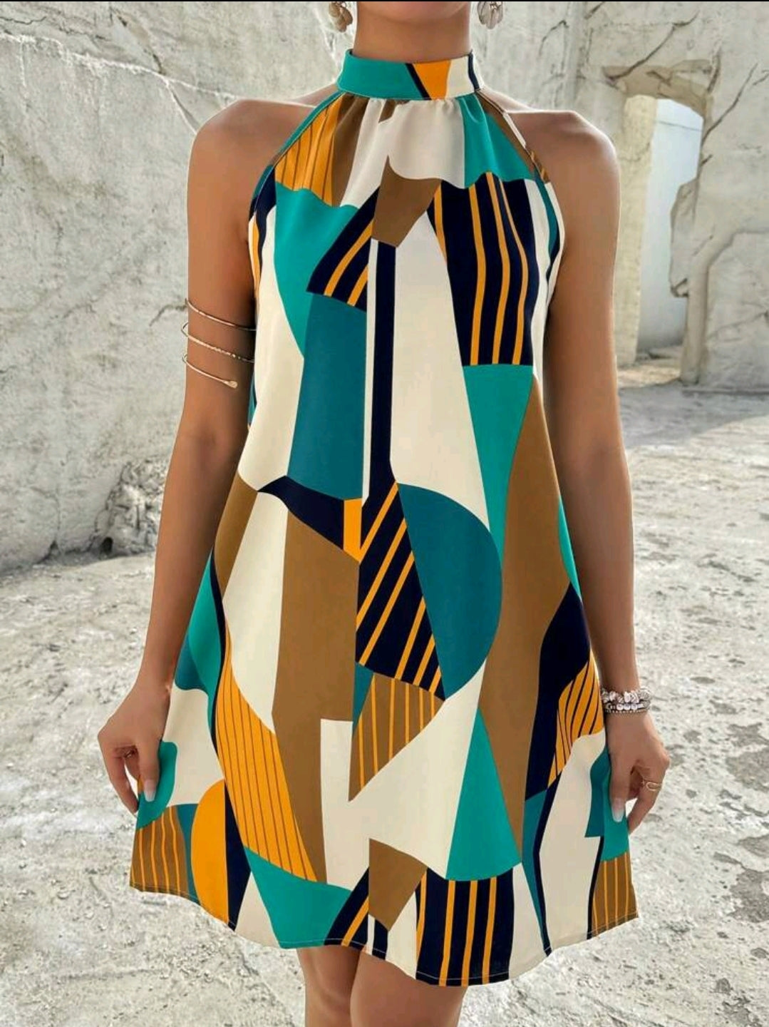 Breezaya Robe d'été à col ras-du-cou avec imprimé géométrique, tenue de plage pour les femmes
