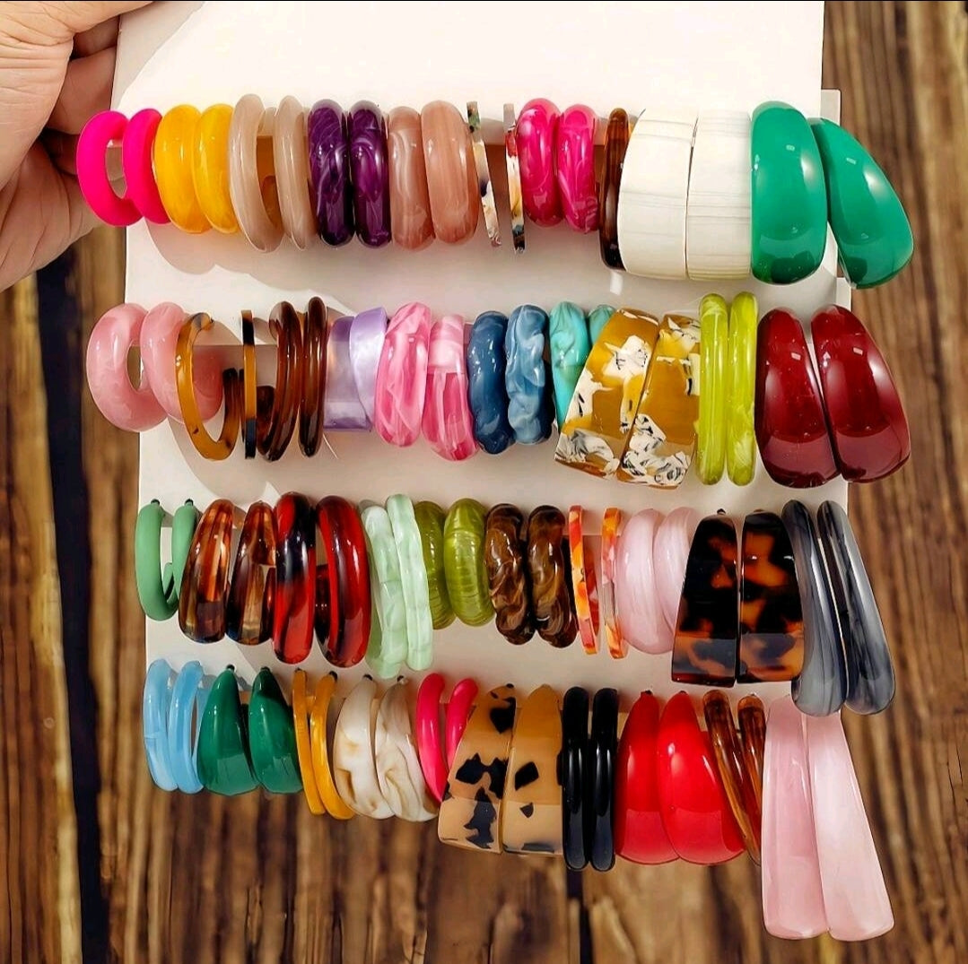 10-40 paires d'ensembles de boucles d'oreilles à chaîne longue bicolore en matériau de plaque de résine acrylique en forme de C