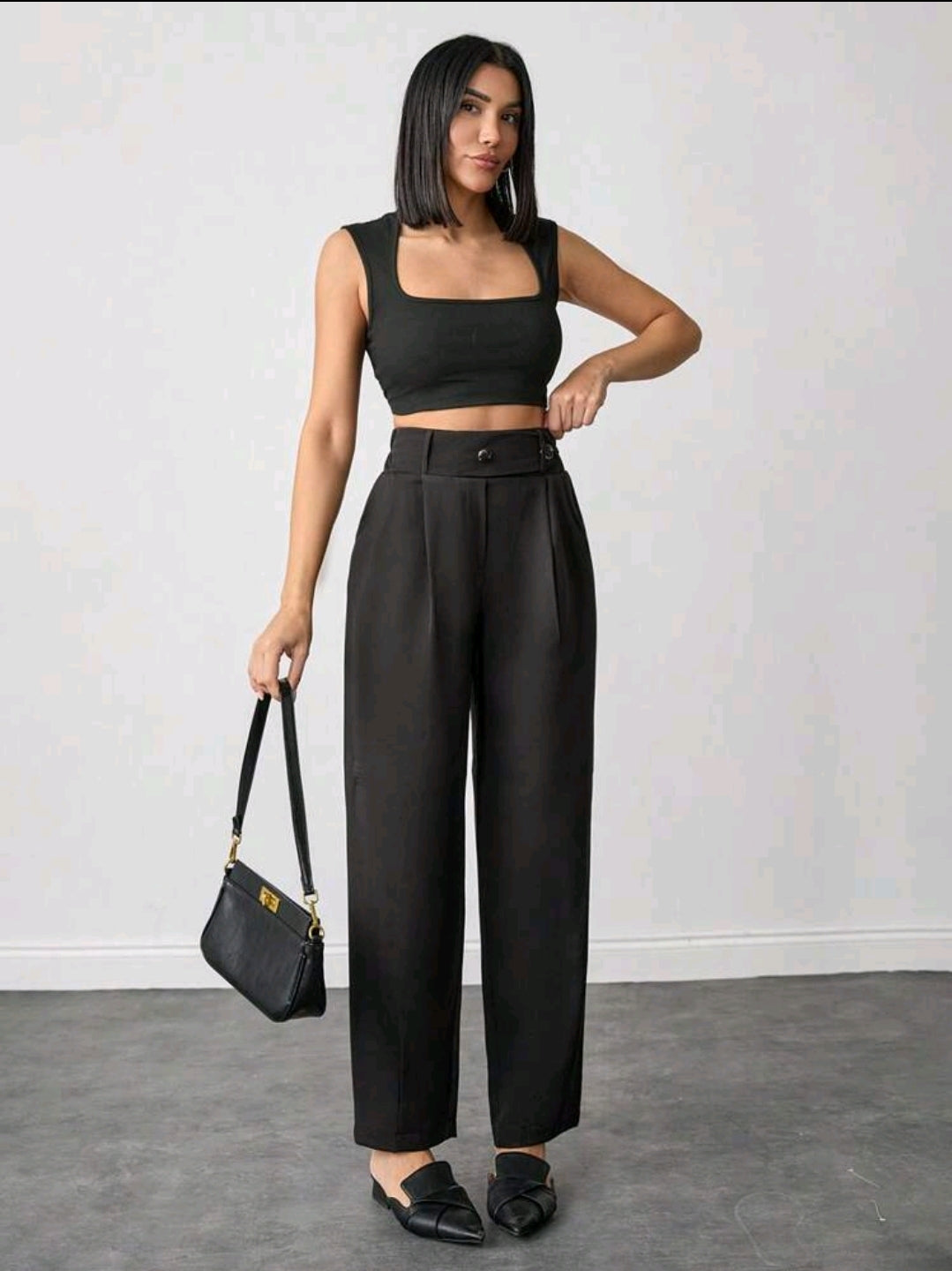 Pantalon ample taille haute couleur unie
