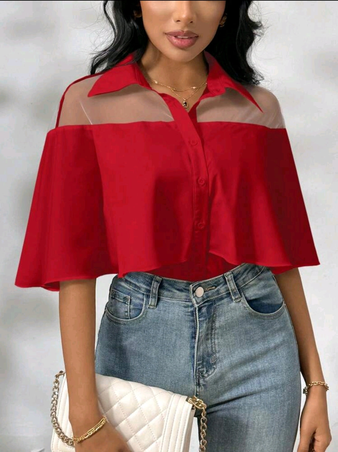 Privéa Chemisier pour femme à demi-transparence épaules dénudées avec manches à volants