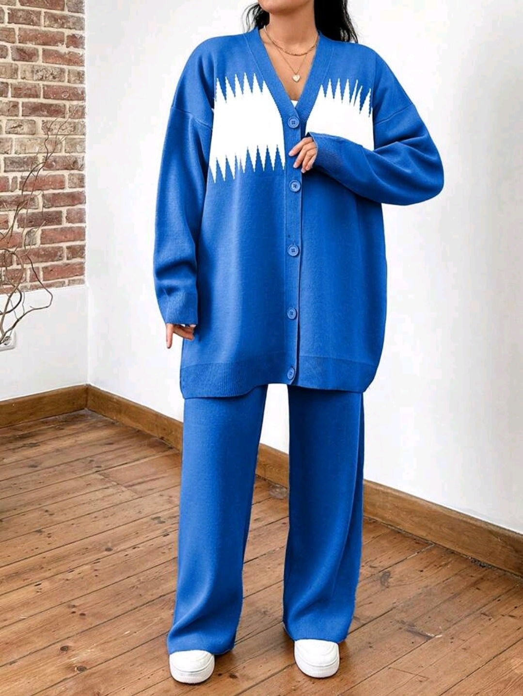 Tenue grande taille en deux pièces élégante, chemise à manches longues avec boutons et imprimé graphique et pantalon, tricoté