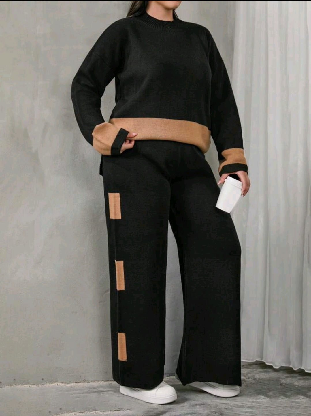 Ensemble deux pièces en tricot bicolore pour femmes grande taille, pour l'hiver