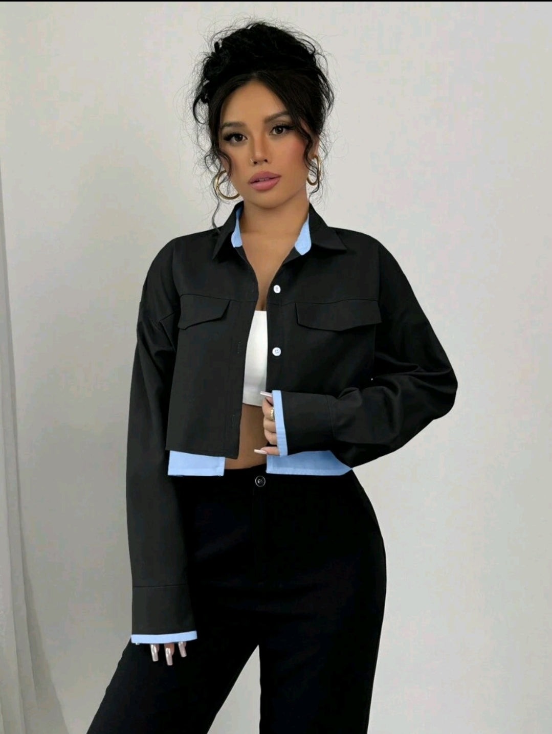 Chiquease Nouvelle blouse à manches longues avec couleurs contrastées pour femmes, en tissu tissé, col rabattu
