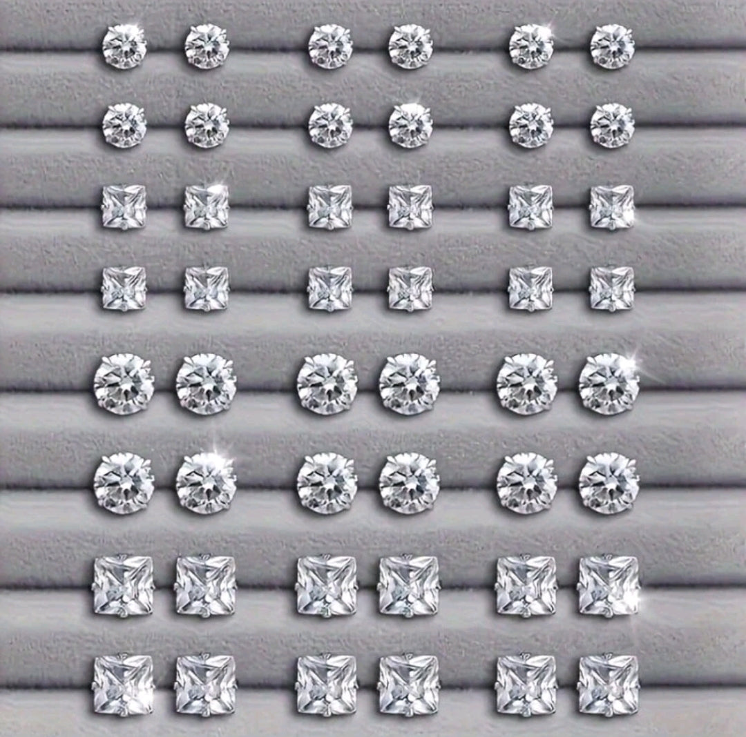48 pièces/set Boucles d'oreilles à tige rondes et carrées en CZ pour femmes, design élégant et simple, cadeau de mode polyvalent et décontracté