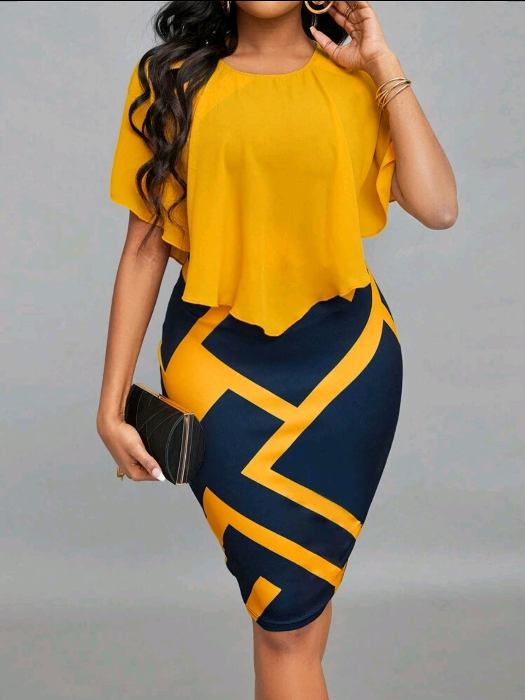Robe de bureau élégante avec ourlet volant de patchwork à imprimé géométrique, pour femme, printemps & été jaune