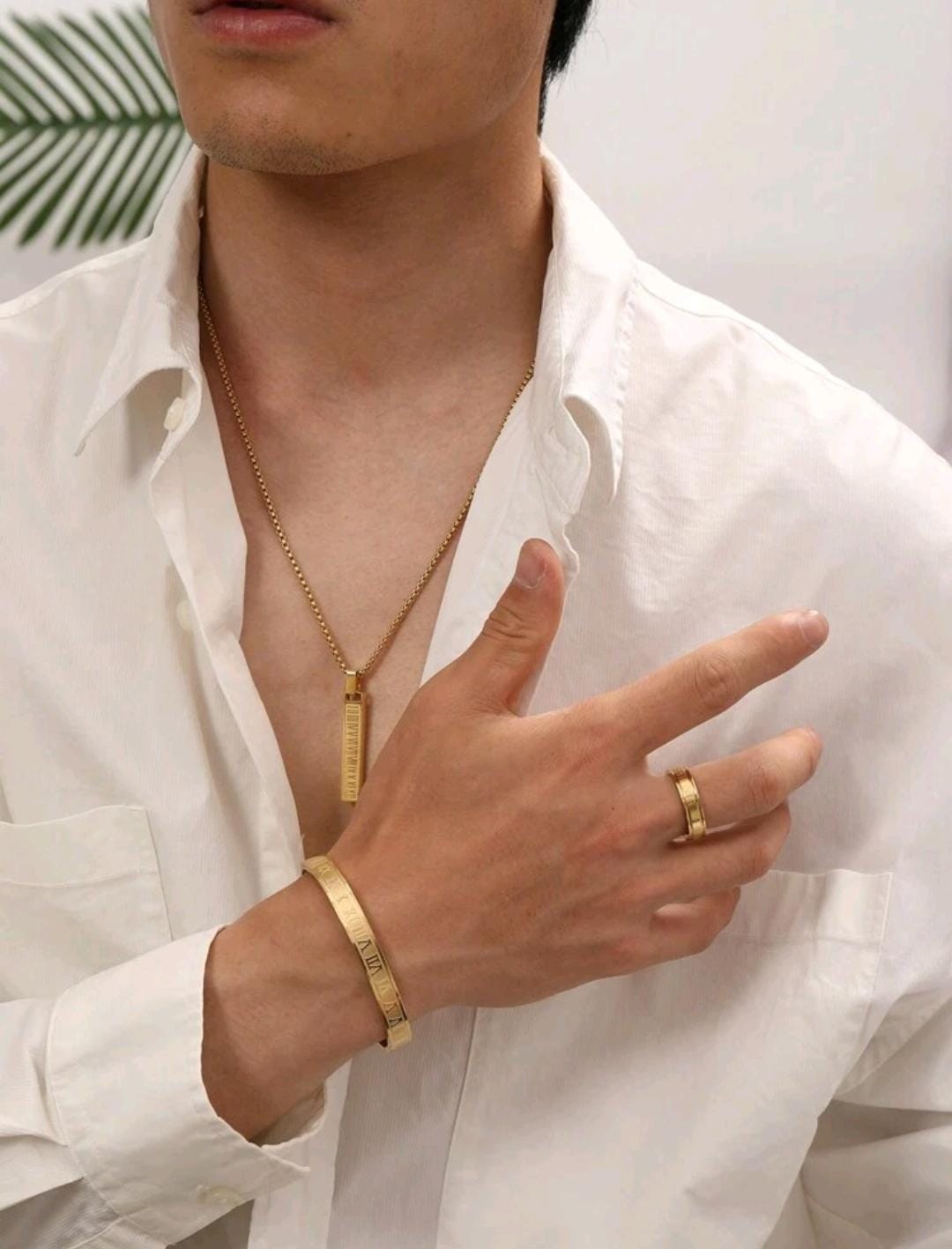 Ensemble de 3 pièces de bracelets, de bague et de collier en acier inoxydable avec des chiffres romains