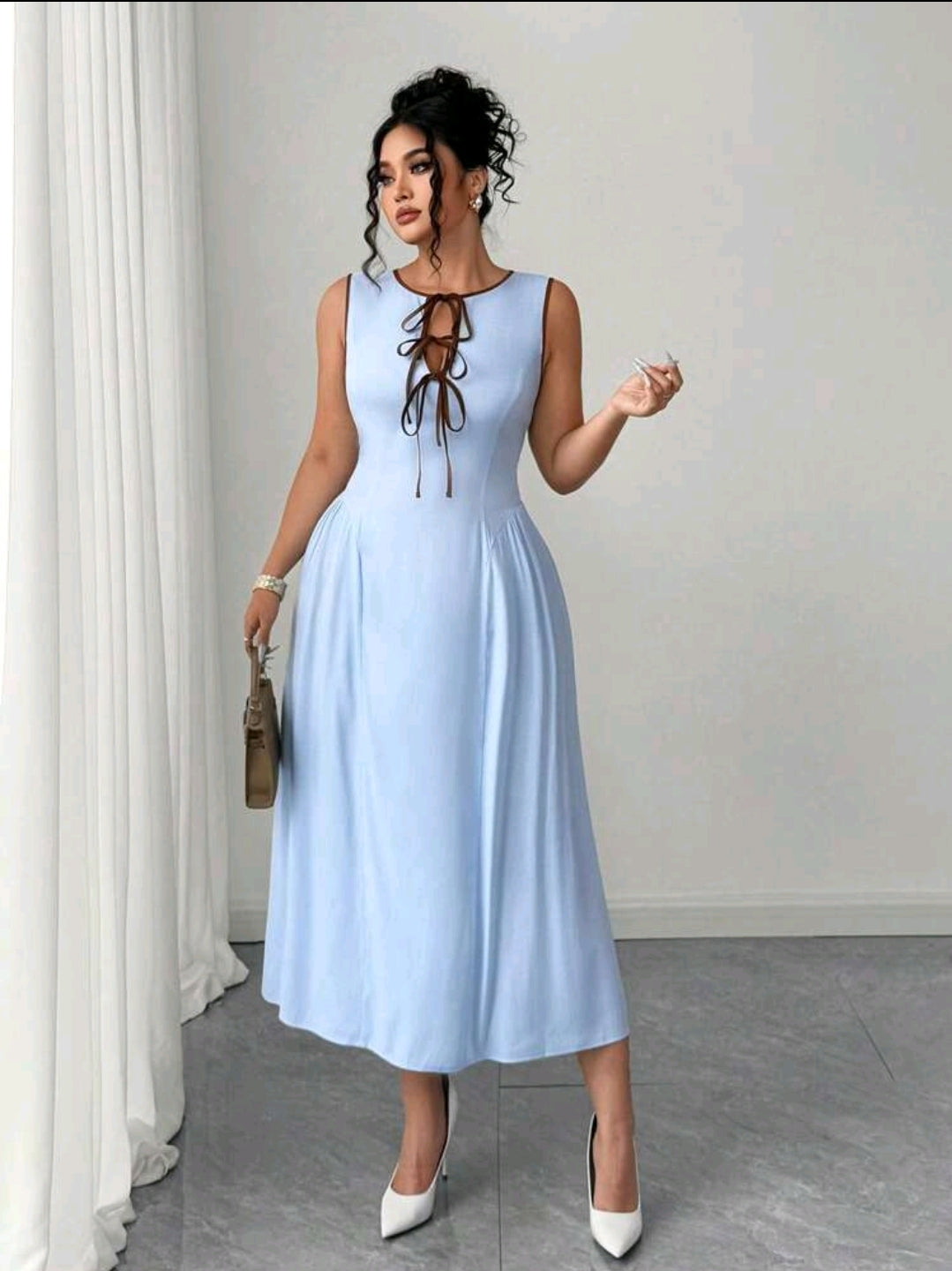 Elenzga Robe femme la plus récente, avec col ajouré, design de cravate bicolore, ourlet côté taille froncé