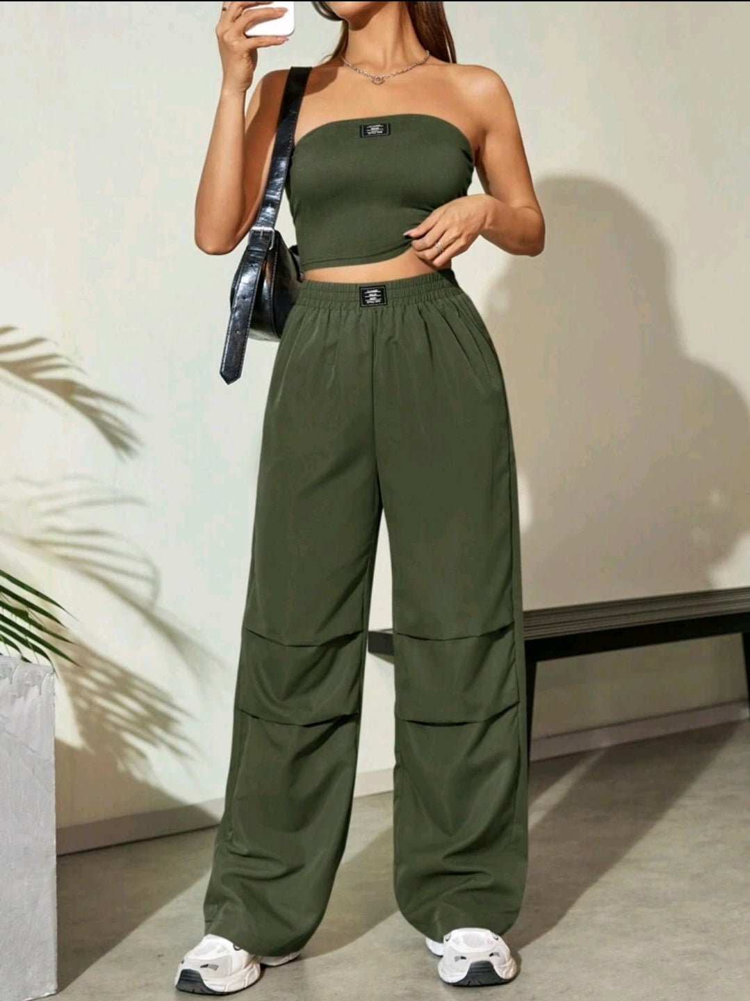 Flirla 2 pièces Ensemble de Top tube dos nu et pantalon casual jambe droite pour femmes