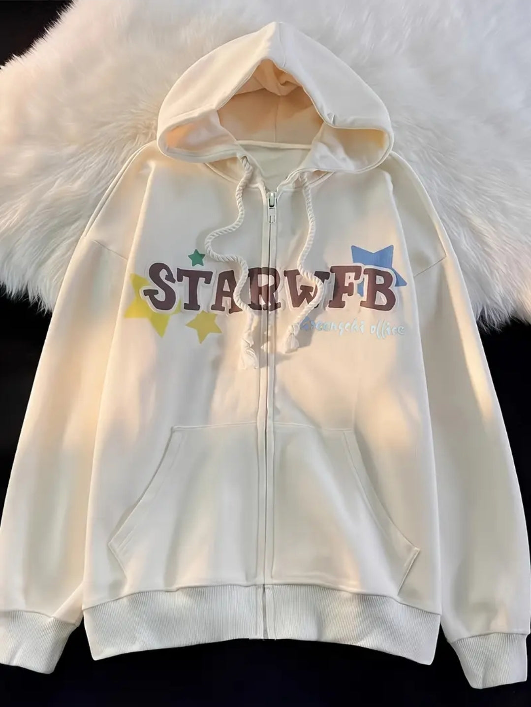 Sweat à capuche décontracté en polyester avec motif alphabet, tissu tricoté, détail étoile, sweat à capuche zippé pour femme, vêtements d'extérieur confortables