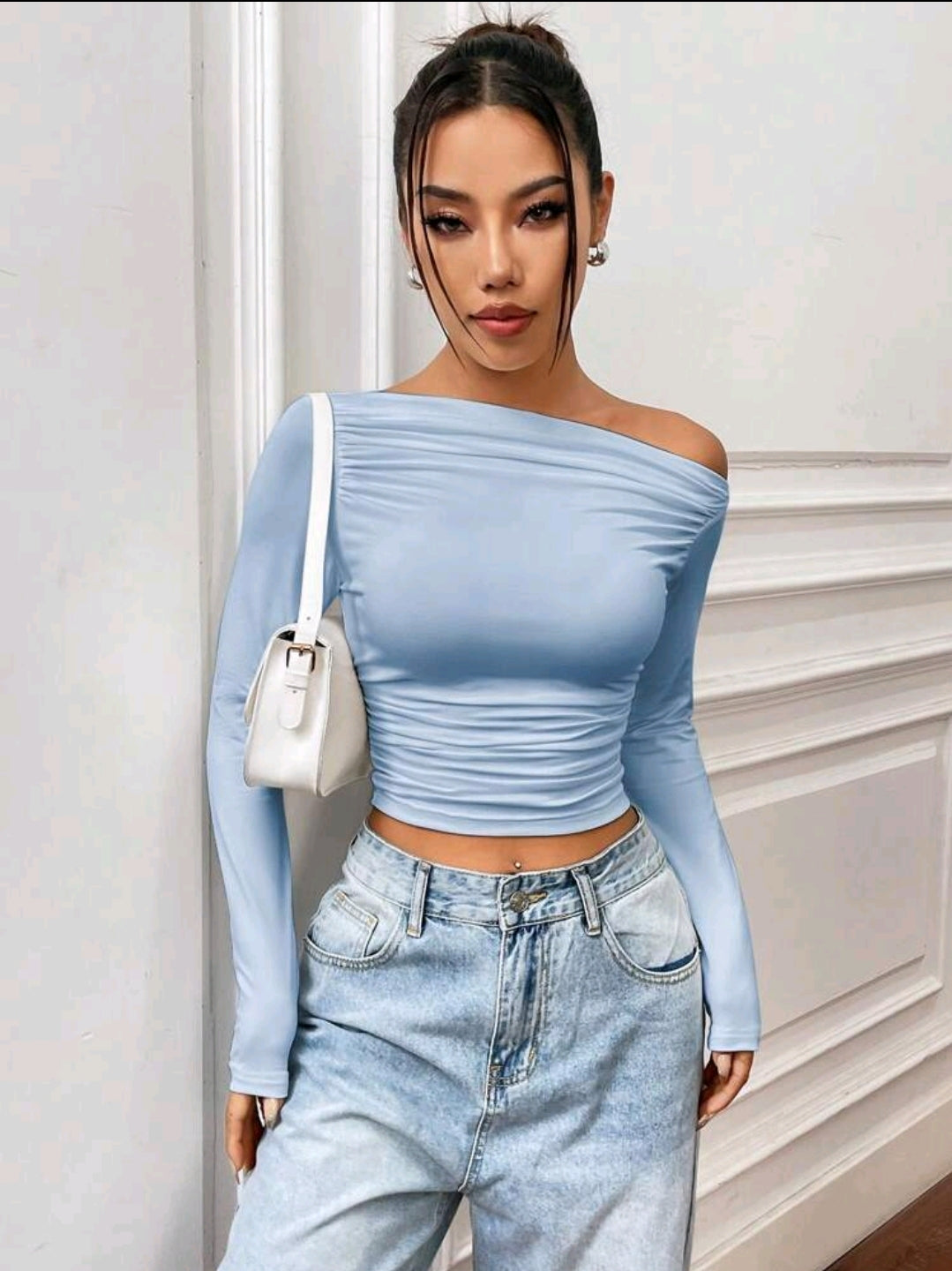 Flirla T-shirt À Manches Longues Slim Plissé Encolure Asymétrique Couleur Unie, Adapté Pour Les Loisirs De Printemps