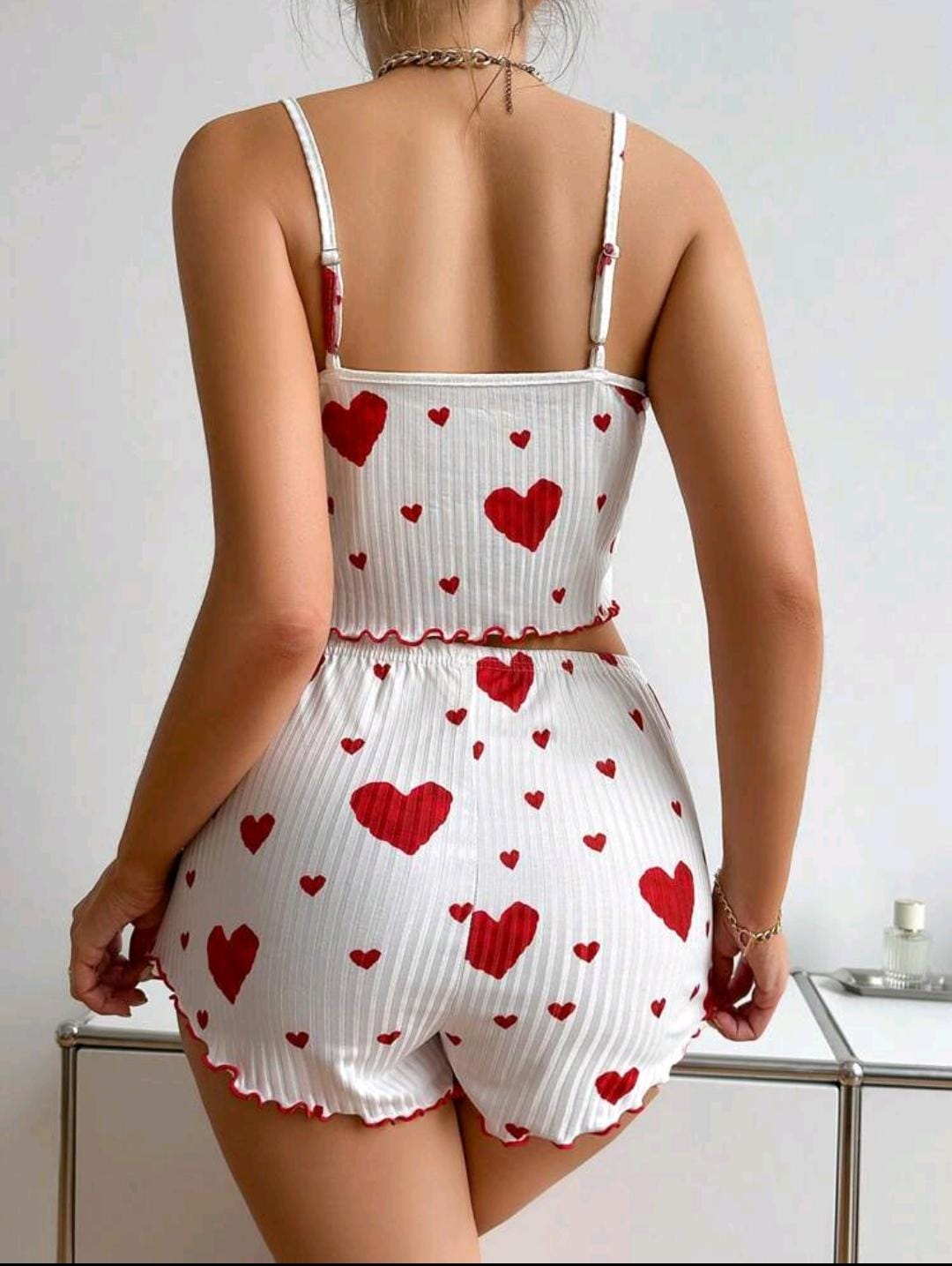 Ensemble Pyjama Haut Et Short Caraco Imprimé Cœur Pour Femmes, Ensemble Blanc, Été