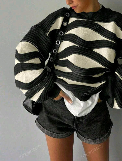 Pull en maille à manches longues avec col rond bleu