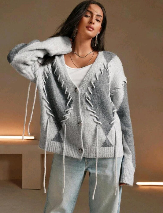 Anewsta Cardigan col V femme avec tricot à garniture en grille diamant colorbloc urbain