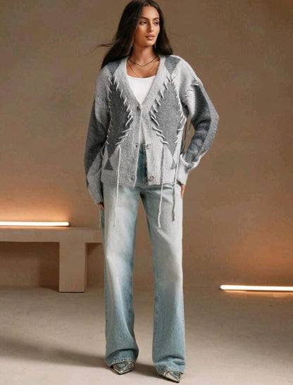 Anewsta Cardigan col V femme avec tricot à garniture en grille diamant colorbloc urbain