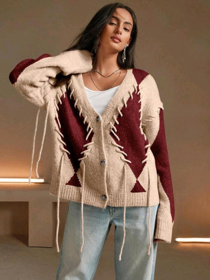 Anewsta Cardigan col V femme avec tricot à garniture en grille diamant colorbloc urbain