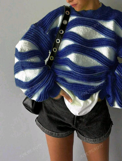 Pull en maille à manches longues avec col rond bleu
