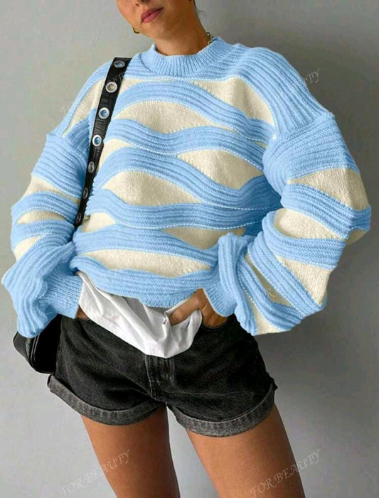 Pull en maille à manches longues avec col rond bleu