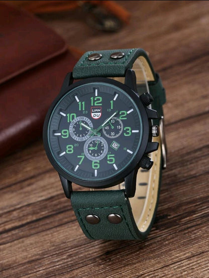 Montre homme décontractée à cadran rond à quartz avec bracelet en PU