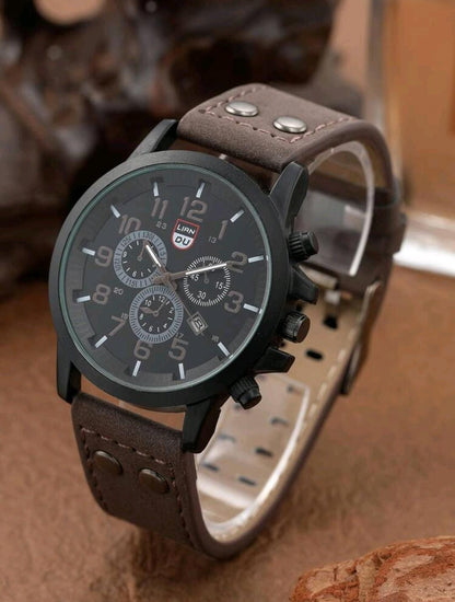 Montre homme décontractée à cadran rond à quartz avec bracelet en PU