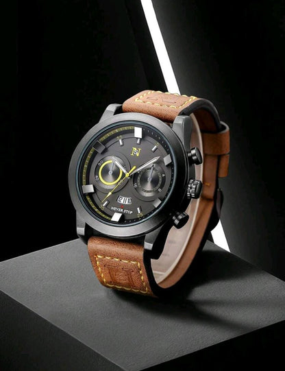 Montre calendrier lumineux à pile sèche à la mode homme avec bracelet en cuir