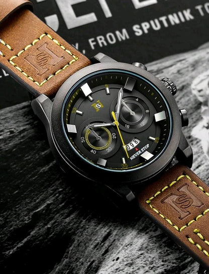 Montre calendrier lumineux à pile sèche à la mode homme avec bracelet en cuir