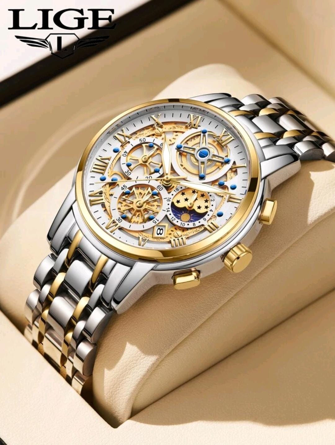 Homme 1 pièce Montre Quartz Cadran Bicolore En Acier Inoxydables