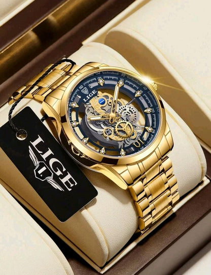 LIGE Homme Montre À Quartz À Pointeur Rond Ajouré