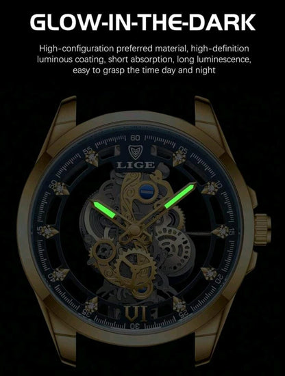 LIGE Homme Montre À Quartz À Pointeur Rond Ajouré