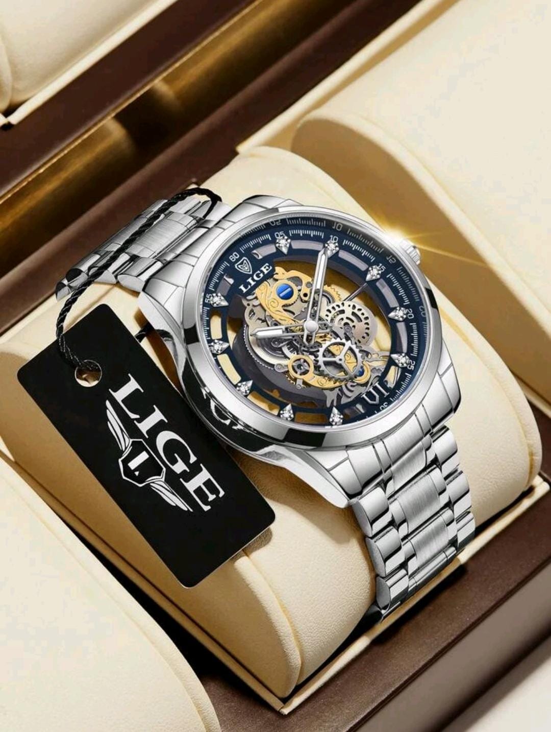 LIGE Homme Montre À Quartz À Pointeur Rond Ajouré