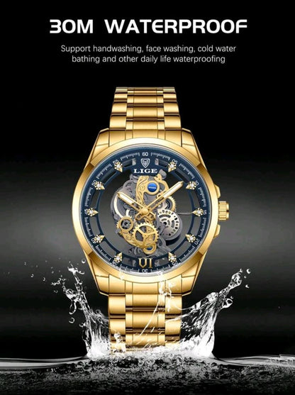 LIGE Homme Montre À Quartz À Pointeur Rond Ajouré