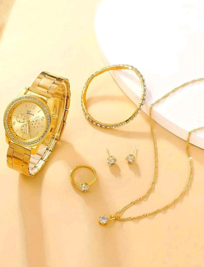 Ensemble de montre en acier avec bracelet, collier, boucles d'oreilles