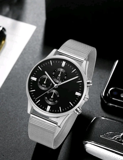 Homme Montre À Quartz À Pointeur Rond Argent