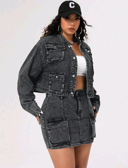 Veste En Jean À Poches Multiples Et Taille Plus Pour Femmes (coupe Courte)