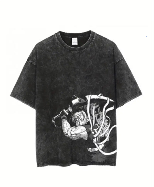 Streetwear Homme Harajuku T-shirt Graphique Anime Japonais Lavé, Hauts en Coton Surdimensionnés pour l'Été