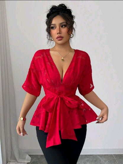 Elenzga Élégante chemisier femme à col V profond sexy en maille rouge jacquard, manches courtes, taille cintrée avec nœud papillon devant