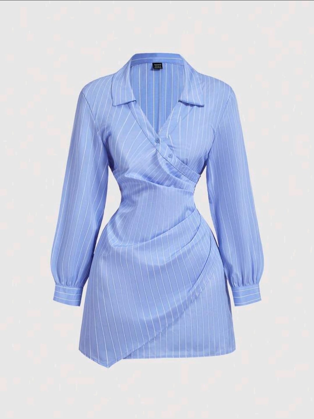 SHEIN MOD Robe femme à manches longues avec volants, imprimé rayures bleues et blanches, croisé sur le devant.